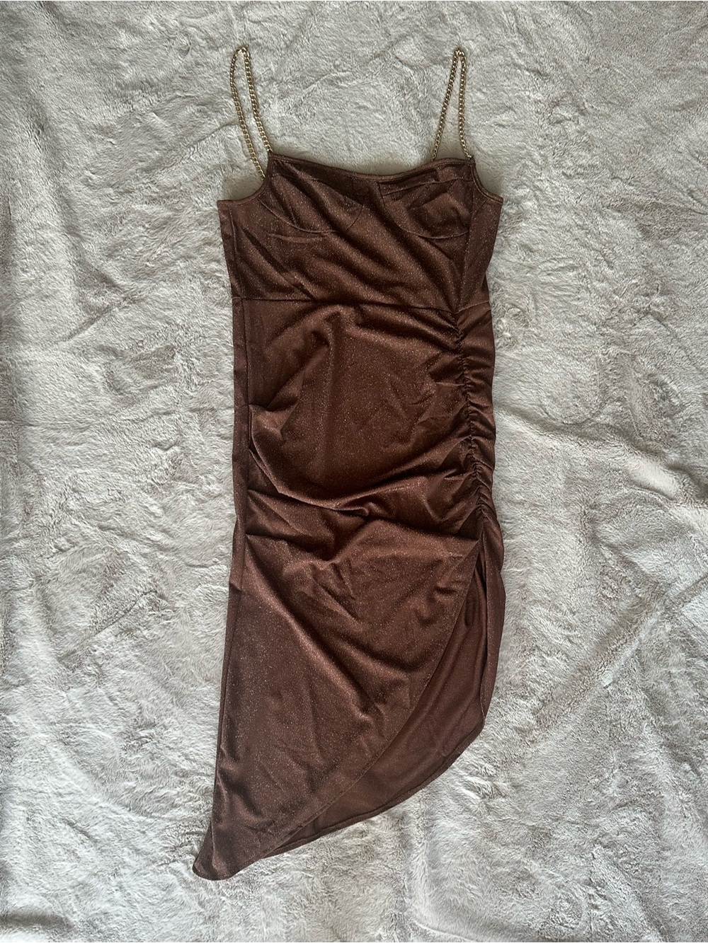 Cider Brown Shimmer, Ruched, Chain-Strap Asymmetrical Midi Dress; Size XL